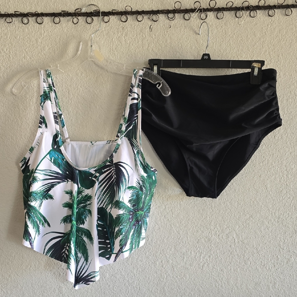 Tropical Palm Print Tankini Top & Black High Waisted Bottoms